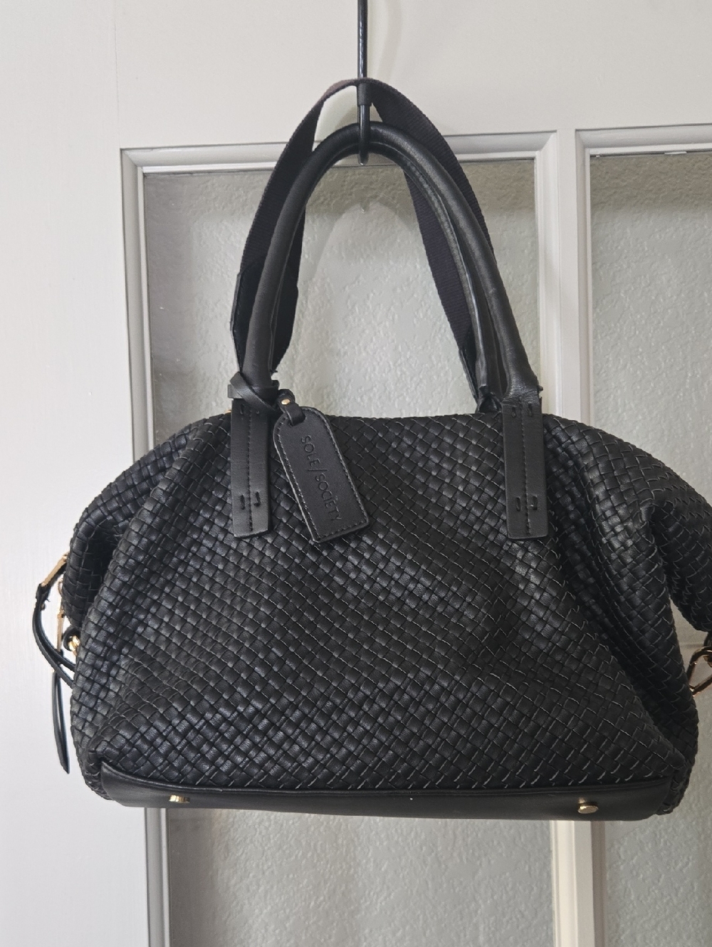 Black Woven Leather Satchel with Top Handles